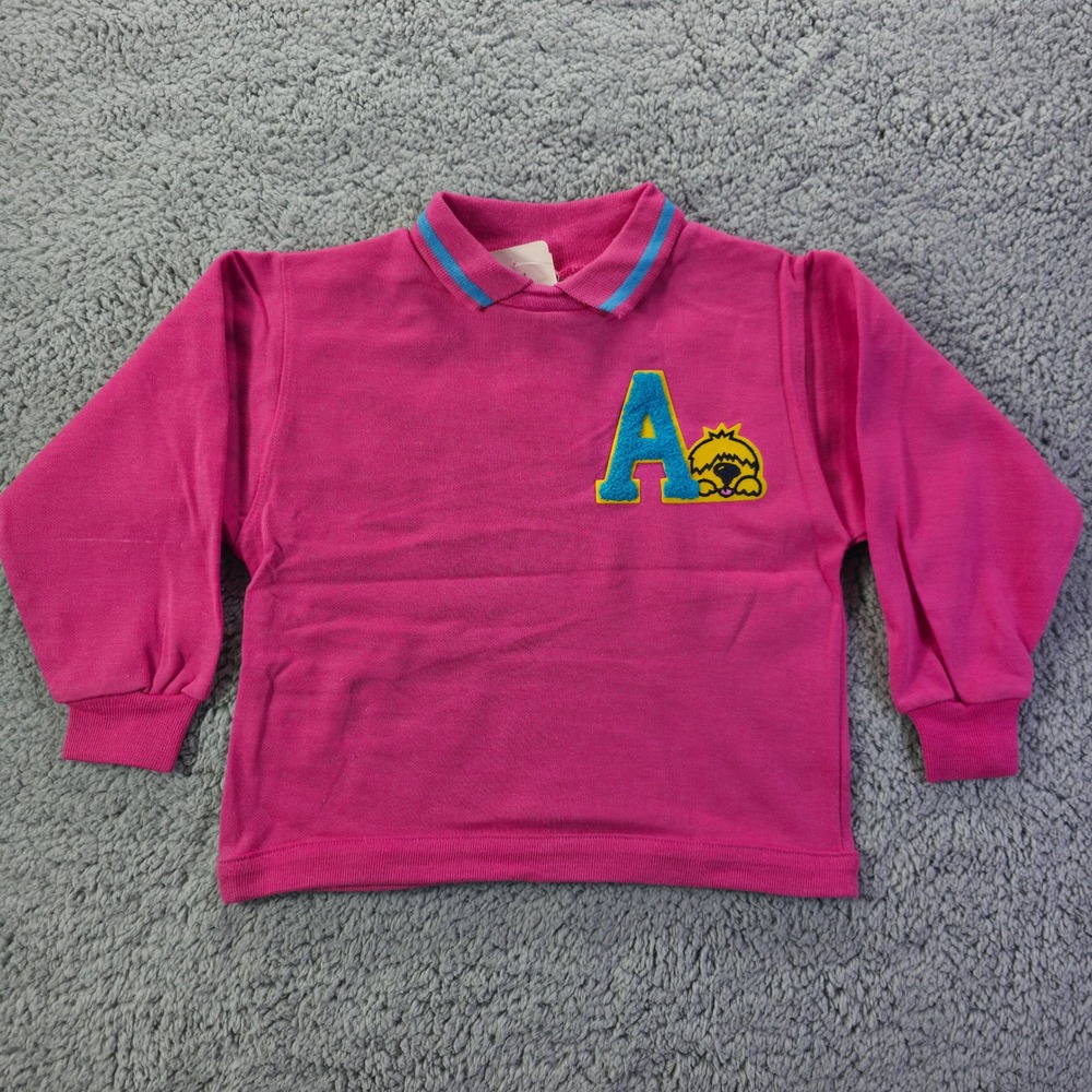 Vintage Health-tex Kids Pink Long Sleeve Polo Sweatshirt Dog Patch Size 4 USA